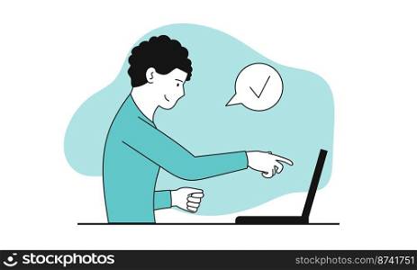 Man searching for answer on the Internet vector concept illustration. Business online information and question solution. Faq and support communication to help. Web advice and assistance questionnaire