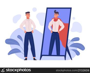 Man see super hero reflection in mirror, ambition and self confident concept. Dreamy person, self motivation, self esteem human vector illustration. Ambitious male character in costume with cape. Man see super hero reflection in mirror, ambition and self confident concept. Dreamy person, self motivation, self esteem human vector illustration. Ambitious male character