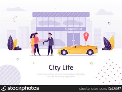 Man Selling Car to Couple of Young People Banner Vector Illustration. Man and Woman Buying New Cabriolet with Showroom on Background. Store of Vehicles. Character Giving Key to Boy.. Man Selling Car to Couple of Young People Banner.