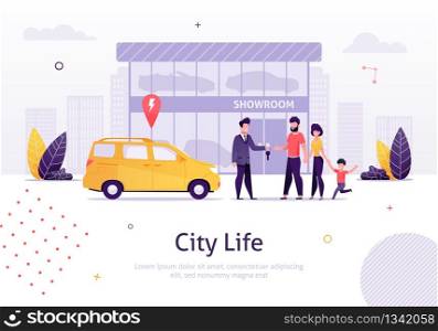 Man Selling Car to Family with Small Kid Banner Vector Illustration. Man and Woman Buying New Minivan from Showroom on Background. Store of Vehicles. Manager Giving Key to Father. City Life.. Family with Small Child Buying Minivan Vehicle.