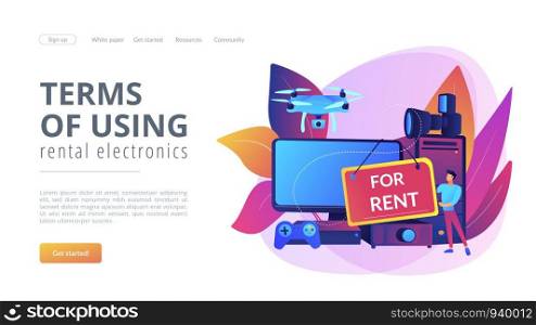Man selling computer, lending portable gadgets. Renting electronic device, terms of using rental electronics, test equipment lease concept. Website homepage landing web page template.. Renting electronic device concept landing page.