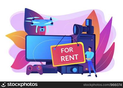 Man selling computer, lending portable gadgets. Renting electronic device, terms of using rental electronics, test equipment lease concept. Bright vibrant violet vector isolated illustration. Renting electronic device concept vector illustration.