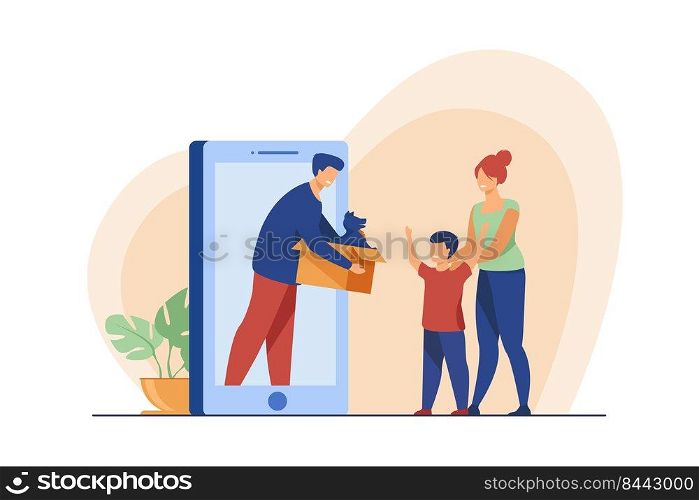Man selling dog to woman and boy online. Purchase, pet, phone. Flat vector illustration. Online shopping concept can be used for presentations, banner, website design, landing web page