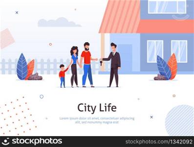 Man Selling or Renting House to Couple of Young People with Child Banner Vector Illustration. Man and Woman Buying Home. Manager Giving Key to Family. Mother, Father and Son Moving toNew Place.. Man Selling or Renting House to Couple with Child.