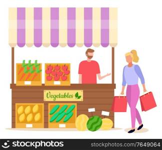 Man selling vegetable at market talking to client. Female character holding bags looking at products on shelves. Seller with carrots and watermelon, tomatoes and carrots organic meal, vector. Vegetable Market Seller Advising Customer Vector