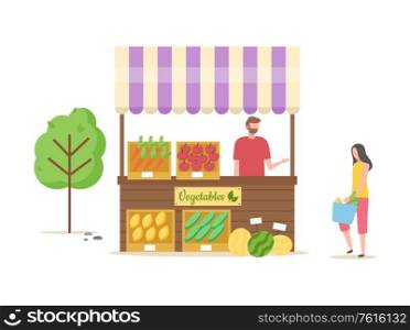 Man selling vegetables and fruits at kiosk stand vector, male with meal ripe carrots and watermelon laying on shelves boxes lady with bag talking to seller. People at Market, Vegetables Veggies Seller Client