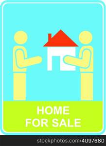 Man sells house - vector sign. Stylized icon of Real estate. Blue sky, green grass.