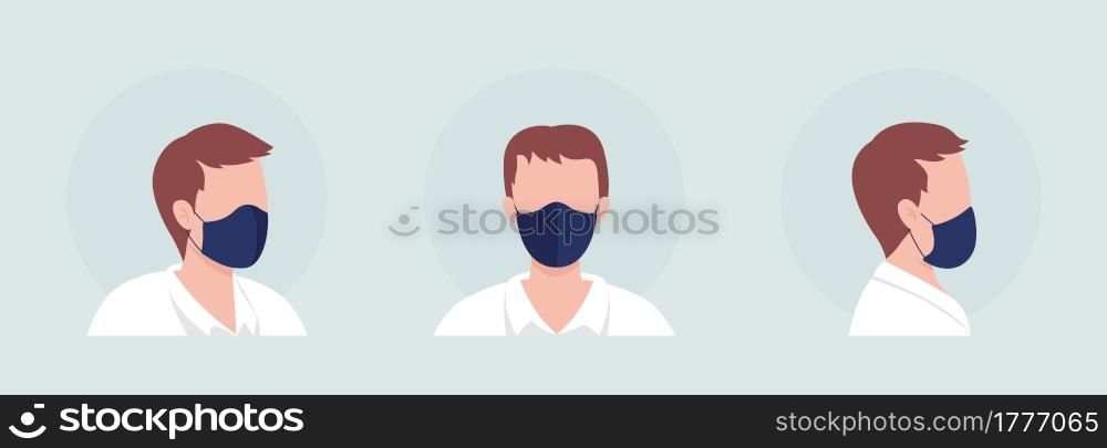 Man semi flat color vector character avatar with mask set. Portrait with respirator from front and side view. Isolated modern cartoon style illustration for graphic design and animation pack. Man semi flat color vector character avatar with mask set