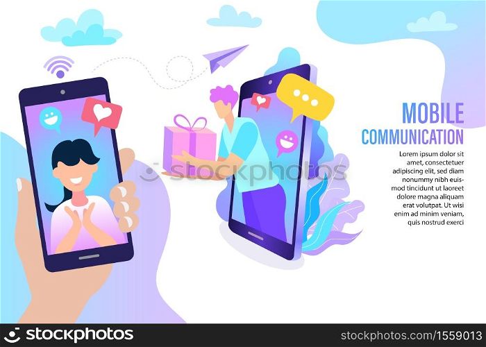 Man send gifts to women in chat message notifications on smartphones. Social network concept Modern flat design.
