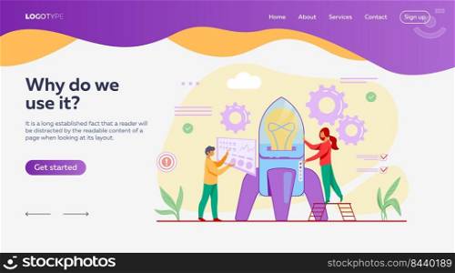 Man setting rocket, woman pushing button on spaceship. Rocket launch flat vector illustration. Startup concept for banner, website design or landing web page