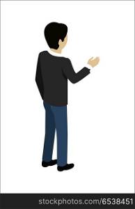 Man Shaking Hands. Young man shaking hands. Man with black hair in blue pants and black sweater. Isometric image man standing. Isolated object in flat design on white background.