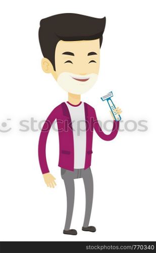 Man shaving his face. Man with shaving cream on his face and razor in hand. Man prepping face for daily shaving. Concept of daily hygiene. Vector flat design illustration isolated on white background.. Man shaving his face vector illustration.