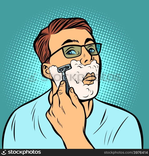 man shaving razors. Comic cartoon pop art retro vector illustration drawing. man shaving razors