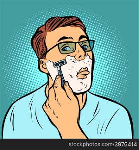 man shaving razors. Comic cartoon pop art retro vector illustration drawing. man shaving razors