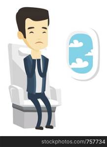 Man shocked by plane flight in a turbulent area. Airplane passenger frightened by flight. Terrified passenger sitting in airplane seat. Vector flat design illustration isolated on white background.. Young man suffering from fear of flying.