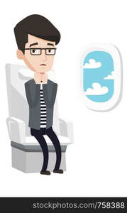 Man shocked by plane flight in a turbulent area. Airplane passenger frightened by flight. Afraid man sitting in airplane seat during flight.Vector flat design illustration isolated on white background. Young man suffering from fear of flying.