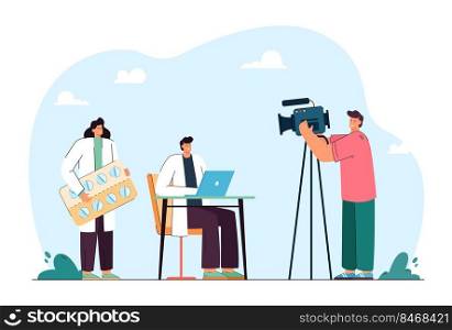 Man shooting medical workers in uniform who working. Journalist doing report about doctors flat vector illustration. Healthcare, journalism concept for banner, website design or landing web page