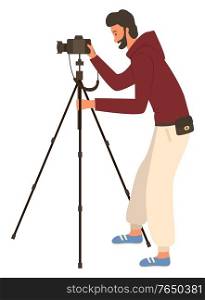 Man shooting videos or photos by camera on tripod, isolated male journalist or photo-correspondent. Vector job of photographer, guy at work, tourist. Man Shooting Videos or Photos by Camera on Tripod