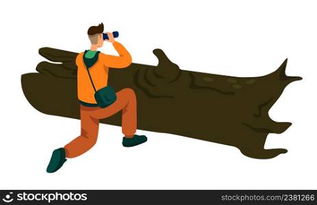 Man shooting wildlife photos semi flat color vector character. Hiding figure. Full body person on white. Nature photographer simple cartoon style illustration for web graphic design and animation. Man shooting wildlife photos semi flat color vector character