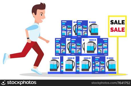 Man shopping at electronics store buying kettle on sale. Range of devices for home and table with discounts announcement. Teenager making purchases for house. Electronic equipment in package vector. Shopping Man Running to Kettles Assortment on Sale
