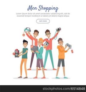 Man Shopping Conceptual Flat Vector Web Banner. Man shopping web banner. Group of young happy males with diferrent electronics in hands purchased on sale flat vector illustration on white background. For stores discounts promotions landing page