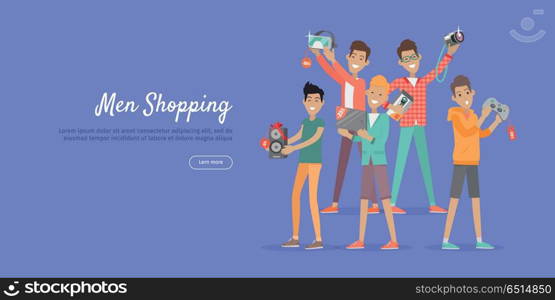 Man Shopping Conceptual Flat Vector Web Banner. Man shopping web banner. Group of young happy males with diferrent electronics in hands purchased on sale flat vector illustration on blue background. For stores discounts promotions landing page. Man Shopping Conceptual Flat Vector Web Banner