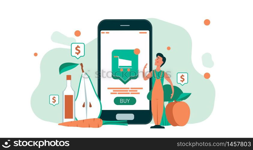 Man shopping grocery online with mobile store supermarket business. People with smartphone food delivery. Concept customer order internet from home service. Sale retail market commerce app phone