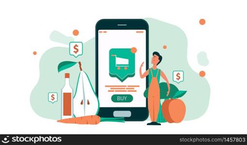 Man shopping grocery online with mobile store supermarket business. People with smartphone food delivery. Concept customer order internet from home service. Sale retail market commerce app phone
