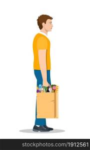 man shopping in supermarket. man hold grocery paper shopping bag with food. Vector illustration in flat style. man shopping in supermarket