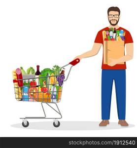 man shopping in supermarket. shopping cart. man hold grocery paper shopping bag with food. Vector illustration in flat style. man shopping in supermarket
