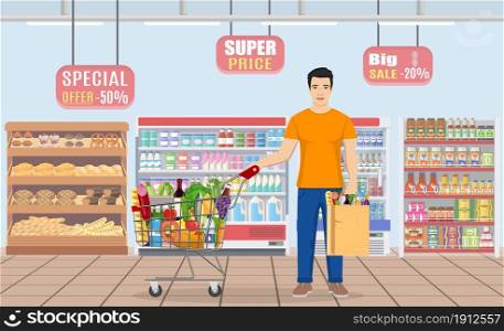 man shopping in supermarket. shopping cart. man hold grocery paper shopping bag with food. Vector illustration in flat style. Young man shopping for groceries