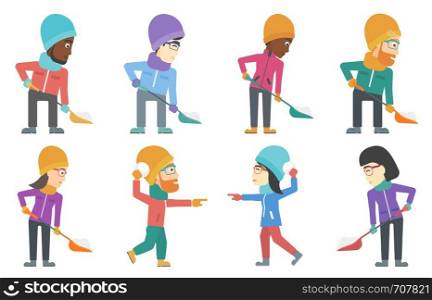 Man shoveling snow after snowfall. Woman removing snow with a spade. People playing with snowballs. People playing with snow. Set of vector flat design illustrations isolated on white background.. Vector set of people characters in winter.