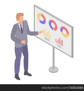 Man show graph chart icon. Isometric of man show graph chart vector icon for web design isolated on white background. Man show graph chart icon, isometric style