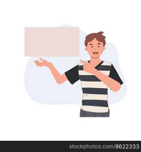 man showing banner. male character pointing to poster to show presentation. Vector illustration