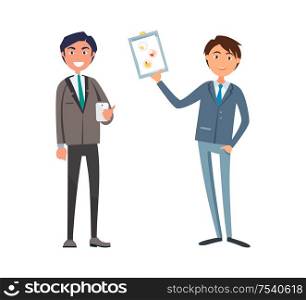 Man showing business plan to manager with cell phone vector. Companion of chief executive, office worker wearing suit. Owner of strategy planning. Man Showing Business Plan to Manager with Cell