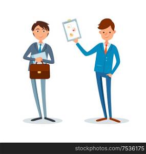 Man showing clipboard page with pie diagram and charts vector. Person coworker with briefcase. Analyst holding presentation sheet with data about projects. Man Showing Clipboard Page with Pie Diagram Charts
