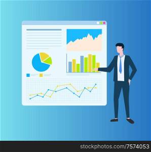 Man showing diagrams on board, growth statistics on table. Person near monitor with colorful presentation of marketing, project and strategy vector. Man Showing Diagrams on Board, Presentation Vector