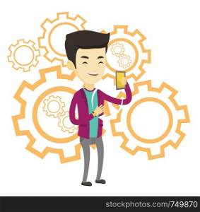 Man showing smartphone and smart watch on the background with cogwheels. Concept of synchronization between smart watch and smartphone. Vector flat design illustration isolated on white background.. Synchronization between smartwatch and smartphone.