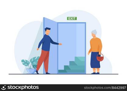 Man showing staircase to senior woman. Way, grandmother, exit flat vector illustration. Retirement and help concept for banner, website design or landing web page