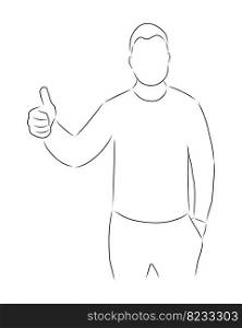 Man showing thumbs up, vector. Hand drawn sketch. The man shows his hand thumbs up. Gesture of consent, approval.