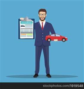 Man shows car insurance. Happy boy holds car and document. Vector illustration in flat style. Man shows car insurance.