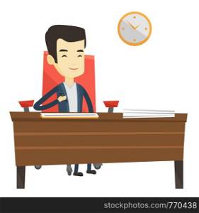 Man signing business contract in office. Man is about to sign a business contract. Confirmation of transaction by signing of a contract. Vector flat design illustration isolated on white background.. Signing of business documents vector illustration.