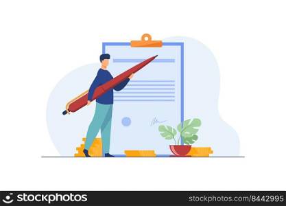 Man signing contract with big pen. Project, profit. Flat vector illustration. Business concept can be used for presentations, banner, website design, landing web page