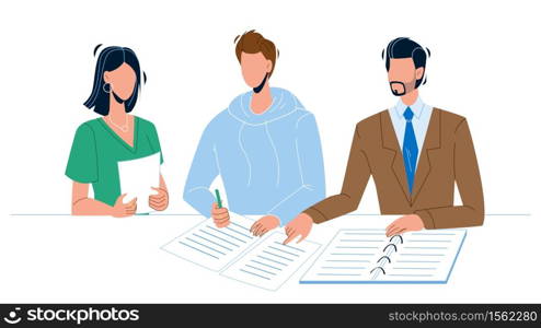 Man Signing Notary Document by Signature Vector. Notary Showing Place For Sign Legal Agreement Or Contract. Characters Attorney, Secretary And Client Lawyer Service Flat Cartoon Illustration. Man Signing Notary Document by Signature Vector