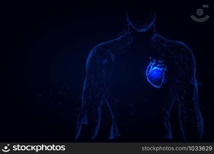 Man silhouette healthy heart connected dots low poly wireframe. Online doctor medicine low poly vector illustration