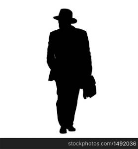 Man silhouette in suit and hat with briefcase on white background, vector illustration