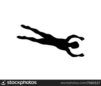 Man silhouette swimming isolated on white. Vector male dark shadow, swimmer diving, professional athlete or sportsman swims at freestyle exercising. Man Silhouette Swimming Isolated on White. Vector