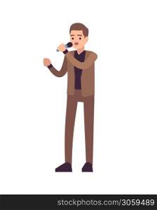 Man singer. Vocalists musical performance, boy stands in brown suit with microphone and sings song, karaoke or pop concert, entertainment concept flat vector cartoon isolated illustration. Man singer. Vocalists musical performance, boy stands in brown suit with microphone and sings song, karaoke or pop concert, flat vector cartoon isolated illustration