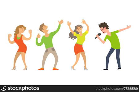 Man singing in microphone, people with hand up at night club, dancing and enjoying performance. Side view of artist and smiling dancers, karaoke vector. People Dancing, Singing Character Artist Vector