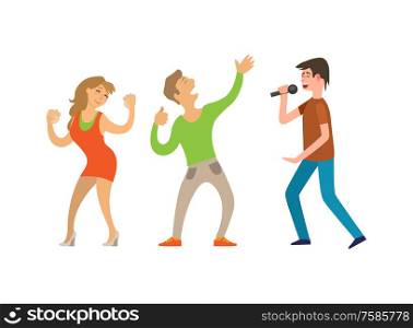 Man singing with microphone and dancing couple of boy and girl isolated on white. People with hands up at disco, performance and side view of singer vector. Singer Character and Couple of Dancers Vector